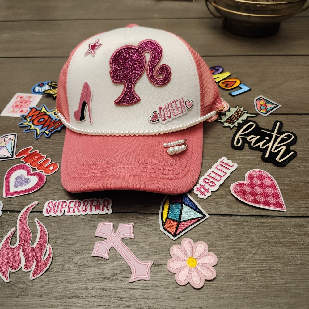 Pink and White Cap with Glitter Accents
